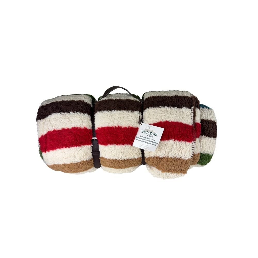 White River Home Giant Cozy Berber Throw Blanket Queen Size Striped Sherpa New